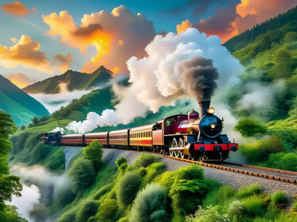 Un tren a vapor histórico atraviesa paisajes montañosos, evocando la belleza y aventura de los viajes en tren emblemáticos