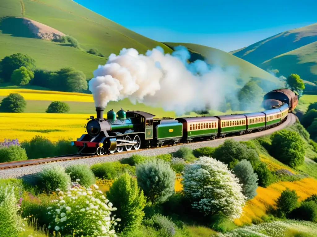 Un tren de vapor recorre un paisaje campestre, evocando nostalgia y romance en las Rutas míticas trenes literatura