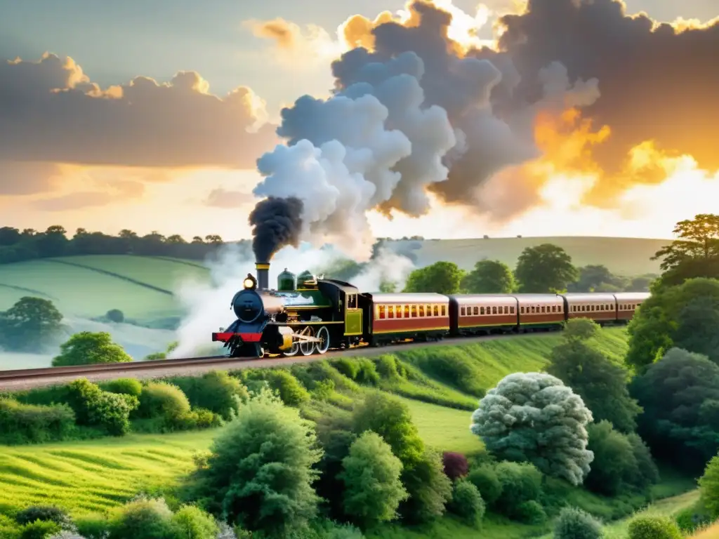 Un tren de vapor avanza por un paisaje verde al atardecer, evocando la representación del tren en la historia del cine