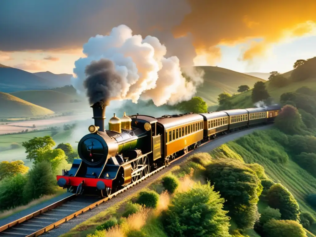 Un tren de vapor vintage avanza por el campo al atardecer, evocando la belleza y el encanto de los trenes emblemáticos y la poesía mundial