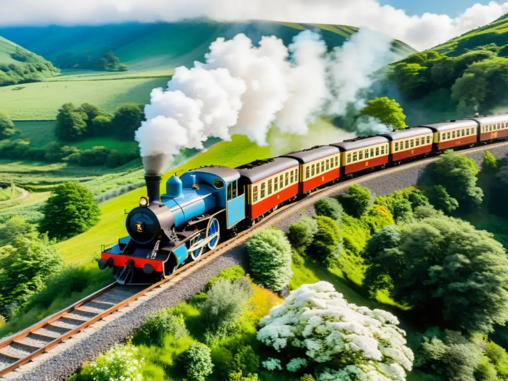 Un tren de vapor vintage avanza por un paisaje verde con nubes blancas y un cielo azul brillante