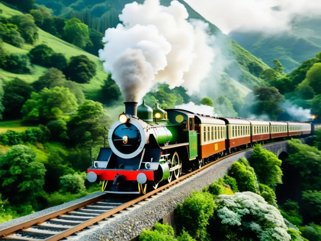 Un tren de vapor vintage avanza en un paisaje montañoso, evocando nostalgia y la evolución de la seguridad en trenes