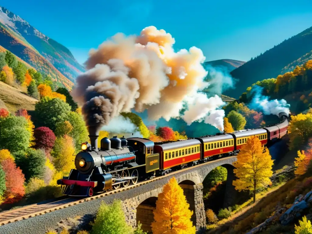 Un tren de vapor vintage atraviesa un paisaje montañoso colorido, evocando la nostalgia y el encanto de los viajes en tren