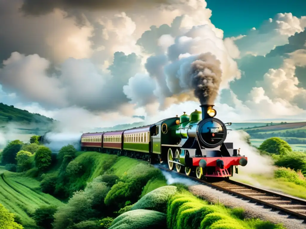 Un tren de vapor vintage recorre un paisaje exuberante, evocando la mística de las rutas míticas trenes literatura