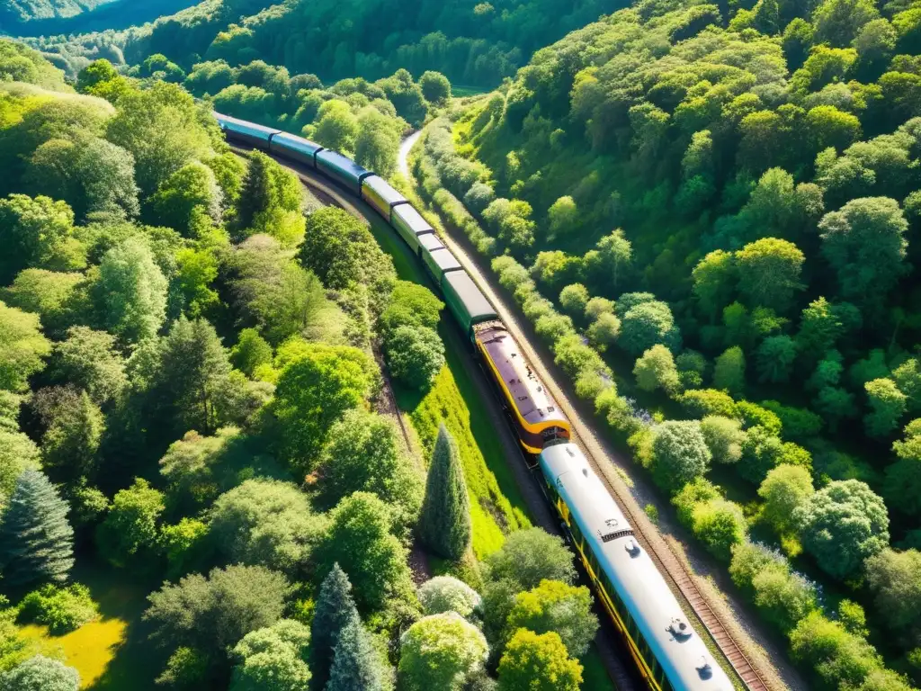 Un tren vintage atraviesa un exuberante bosque, con una vía serpenteante y un río tranquilo