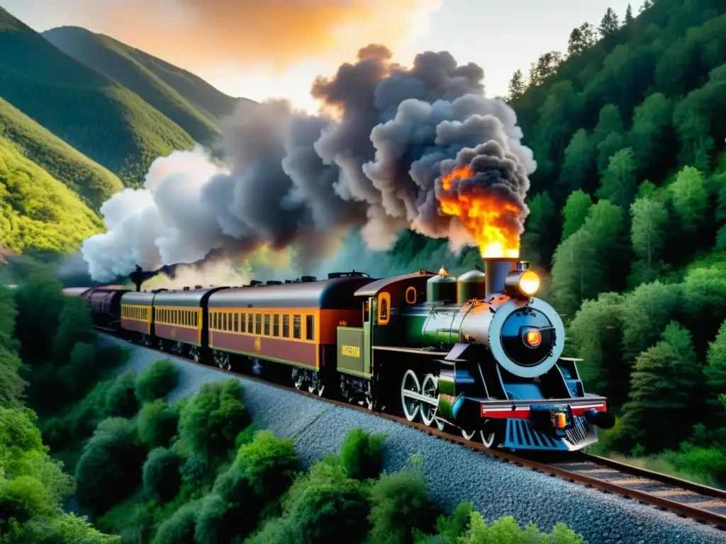 Un tren vintage transporta mercancías peligrosas en un paisaje montañoso al atardecer, evocando la evolución del transporte de mercancías peligrosas