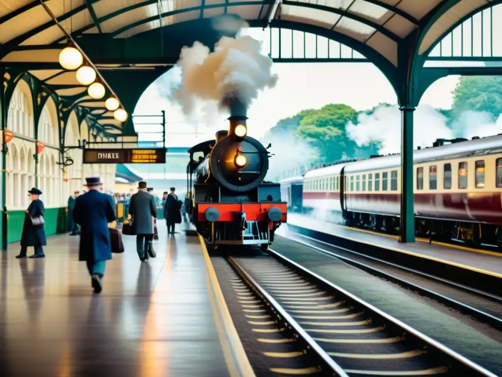 En la estación de tren vintage, los trabajadores operan switches mientras los pasajeros esperan, capturando la evolución de la seguridad ferroviaria