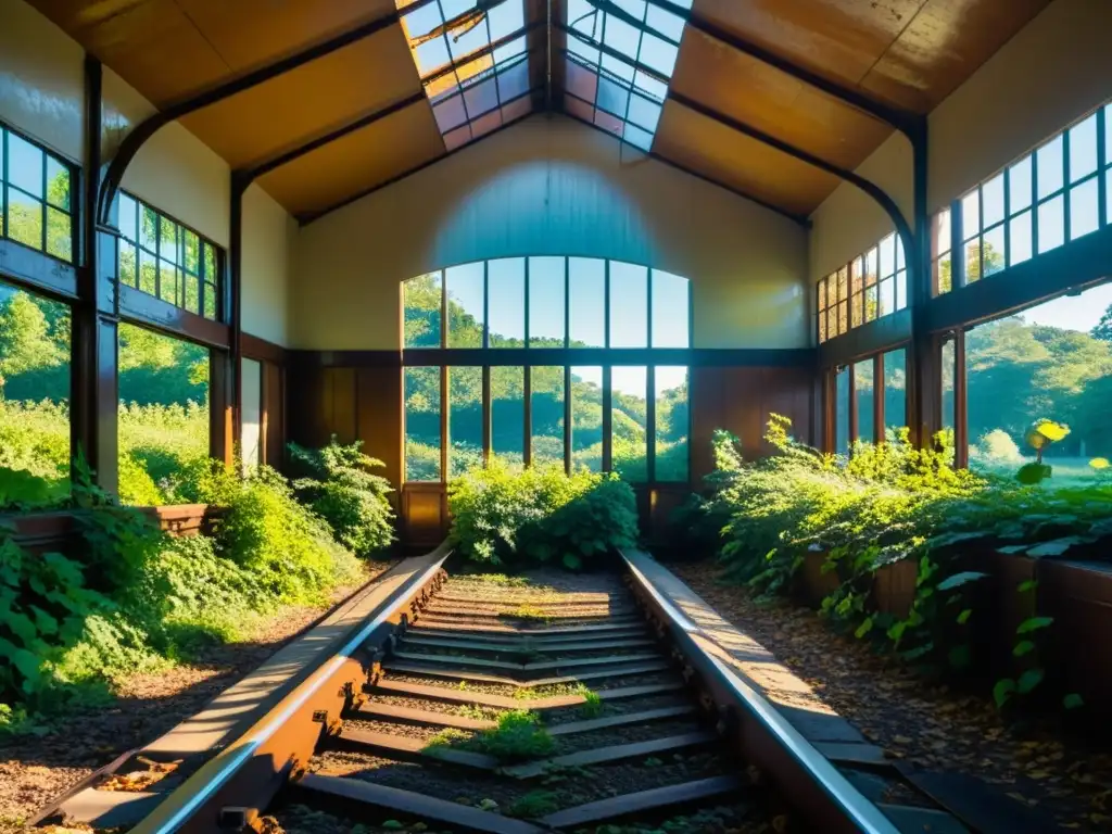 Trenes fantasma estaciones olvidadas: Estación abandonada con naturaleza reclamando su espacio y una sensación de desolación histórica