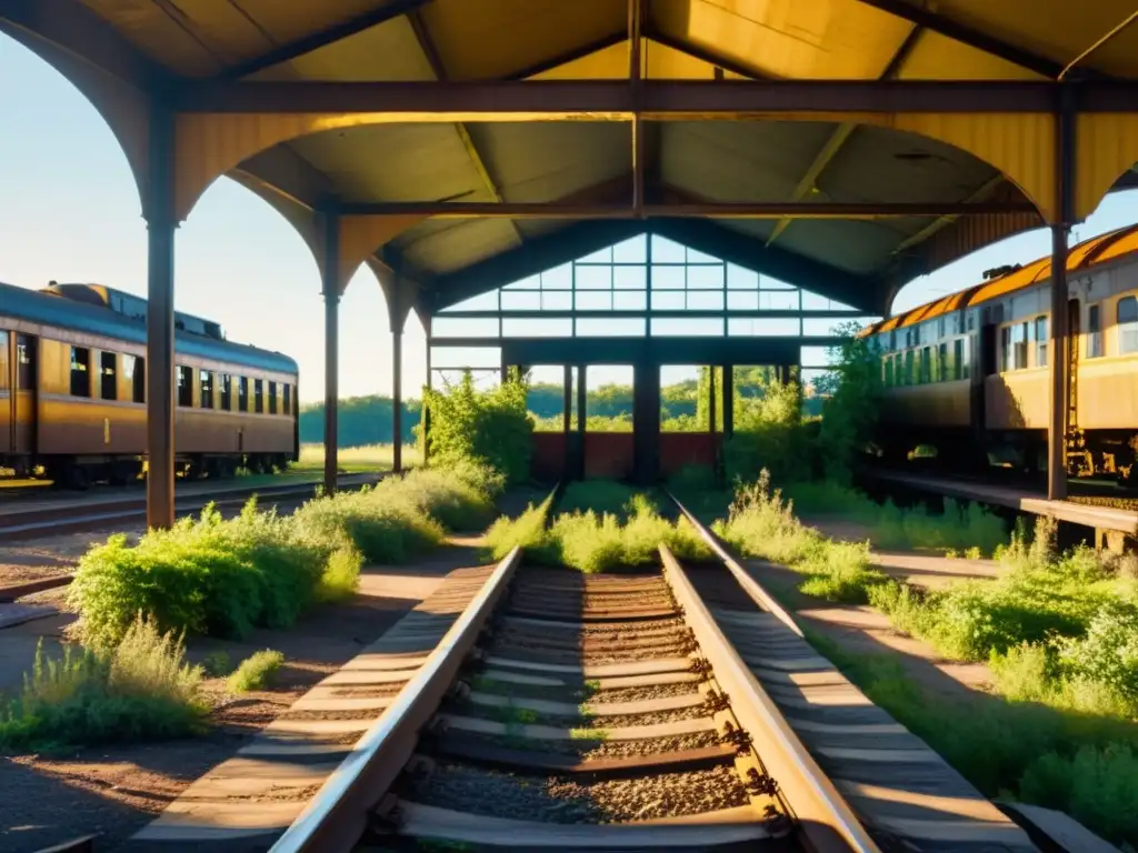 Trenes fantasma: estación olvidada, vías cubiertas de maleza, luz dorada y atmósfera de belleza desolada