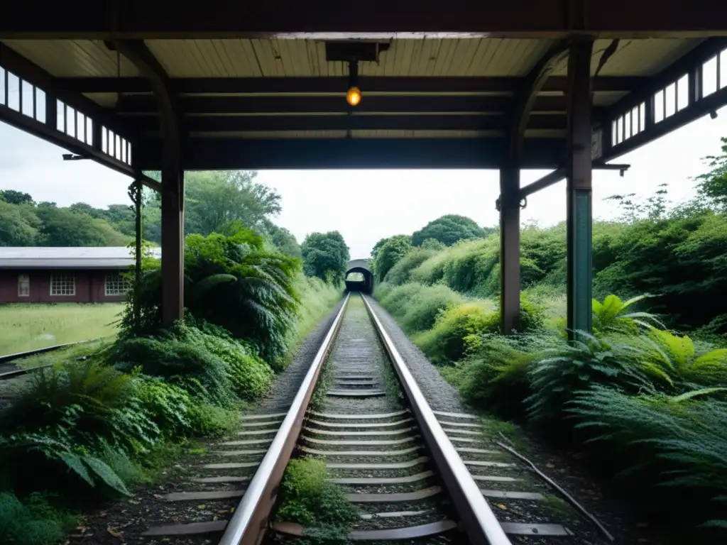 Trenes fantasma: estación olvidada con vías oxidadas, vegetación salvaje y atmósfera desoladora