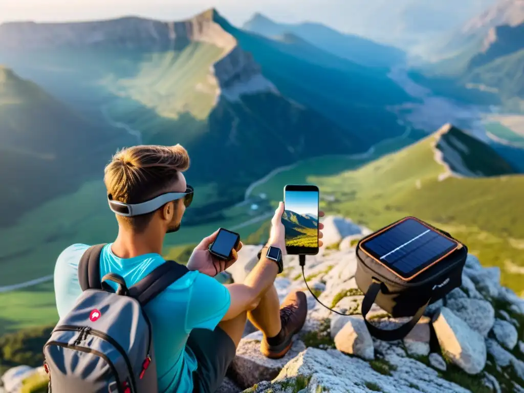 Trotamundos moderno recargando gadgets imprescindibles con energía solar en la cima de la montaña