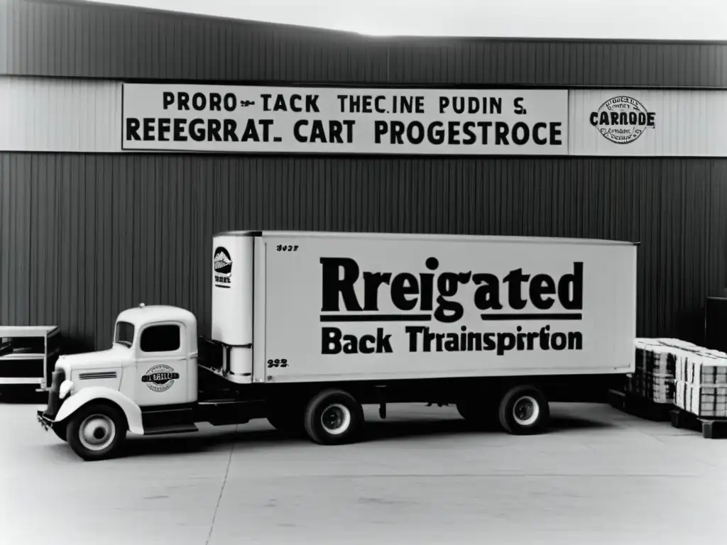 Truck refrigerado vintage con trabajadores cargando cajas, evoca nostalgia por la evolución tecnológica de los camiones refrigerados