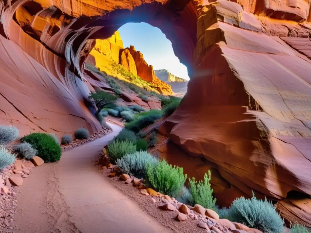 Un túnel estrecho y serpenteante tallado en la vibrante roca roja de Zion-Mount Carmel, Utah