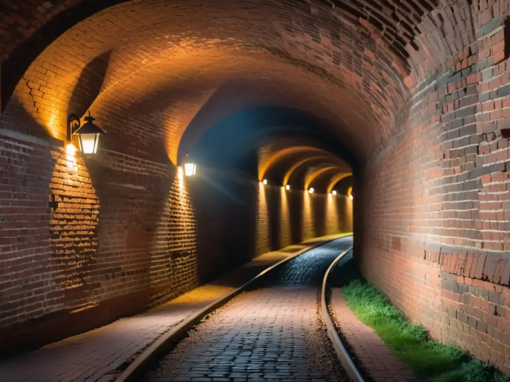 Un túnel del ferrocarril subterráneo con faroles tenues iluminando las paredes de ladrillo curvadas