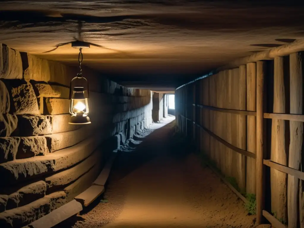 Un túnel subterráneo oscuro con una tenue luz de linterna, evocando la atmósfera misteriosa de los túneles de escape famosos historia