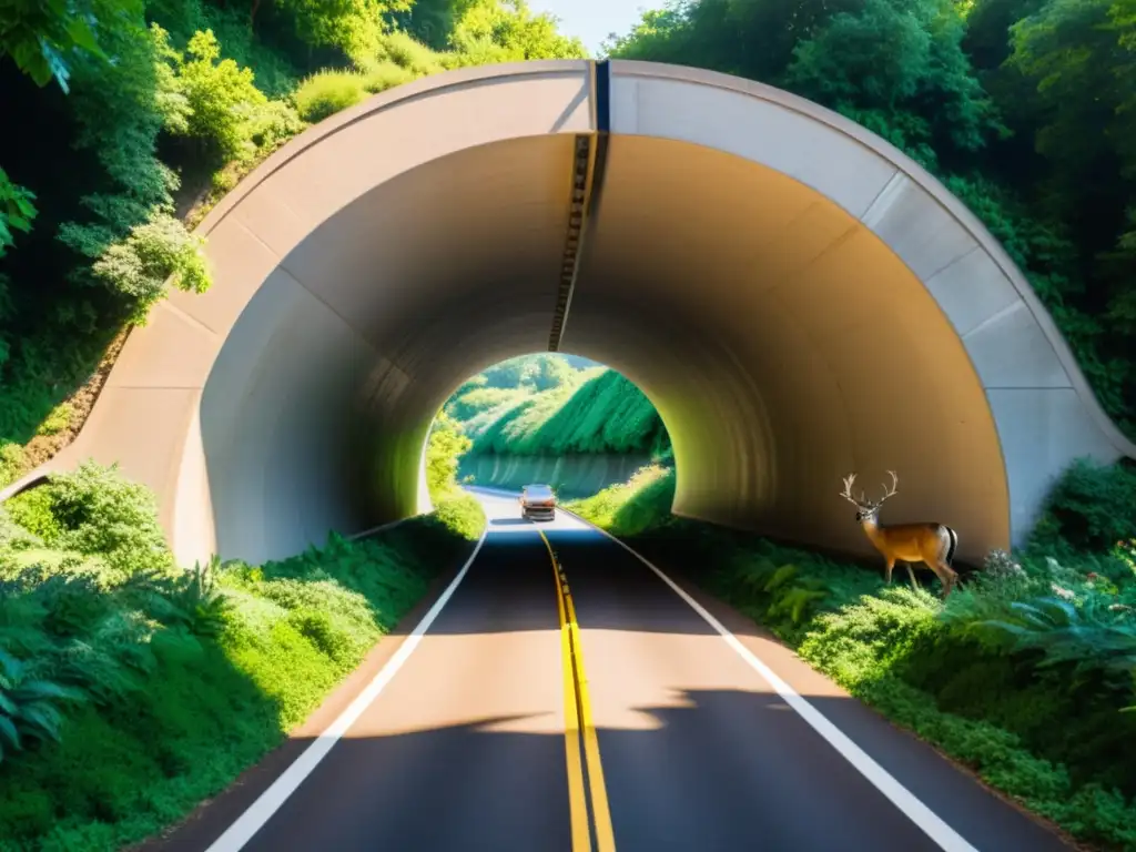 Un túnel de vida silvestre integrado en la naturaleza, con animales y exuberante vegetación