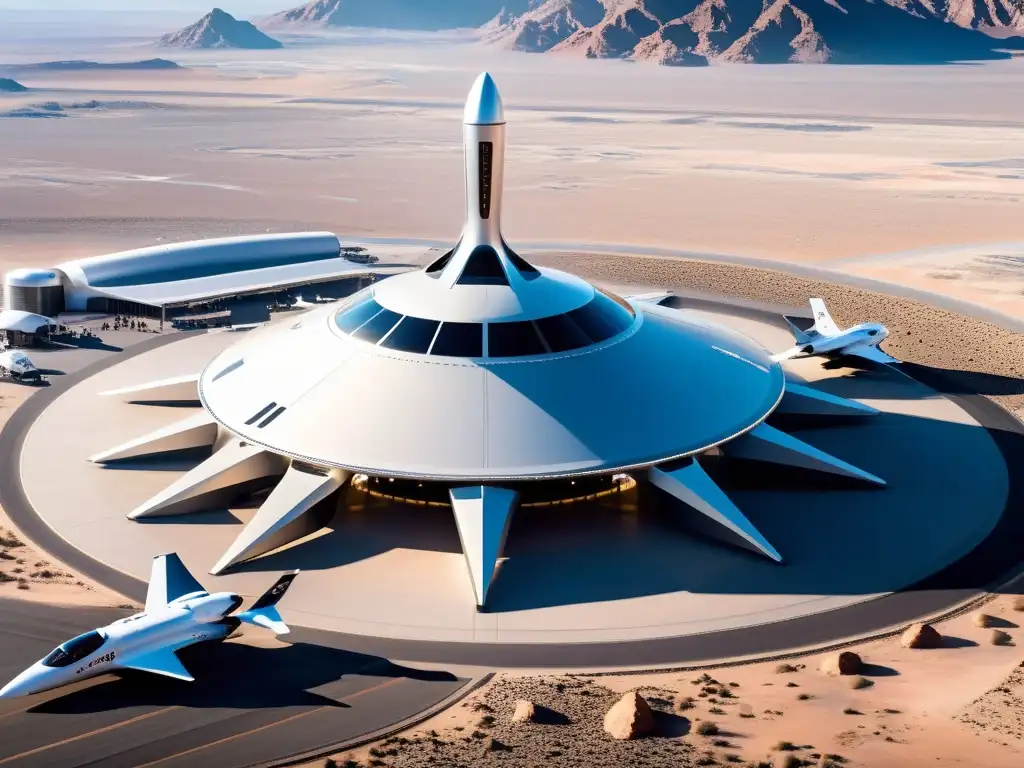 Turismo suborbital: una imagen futurista de actividad en un puerto espacial, con naves de Blue Origin y Virgin Galactic listas para despegar