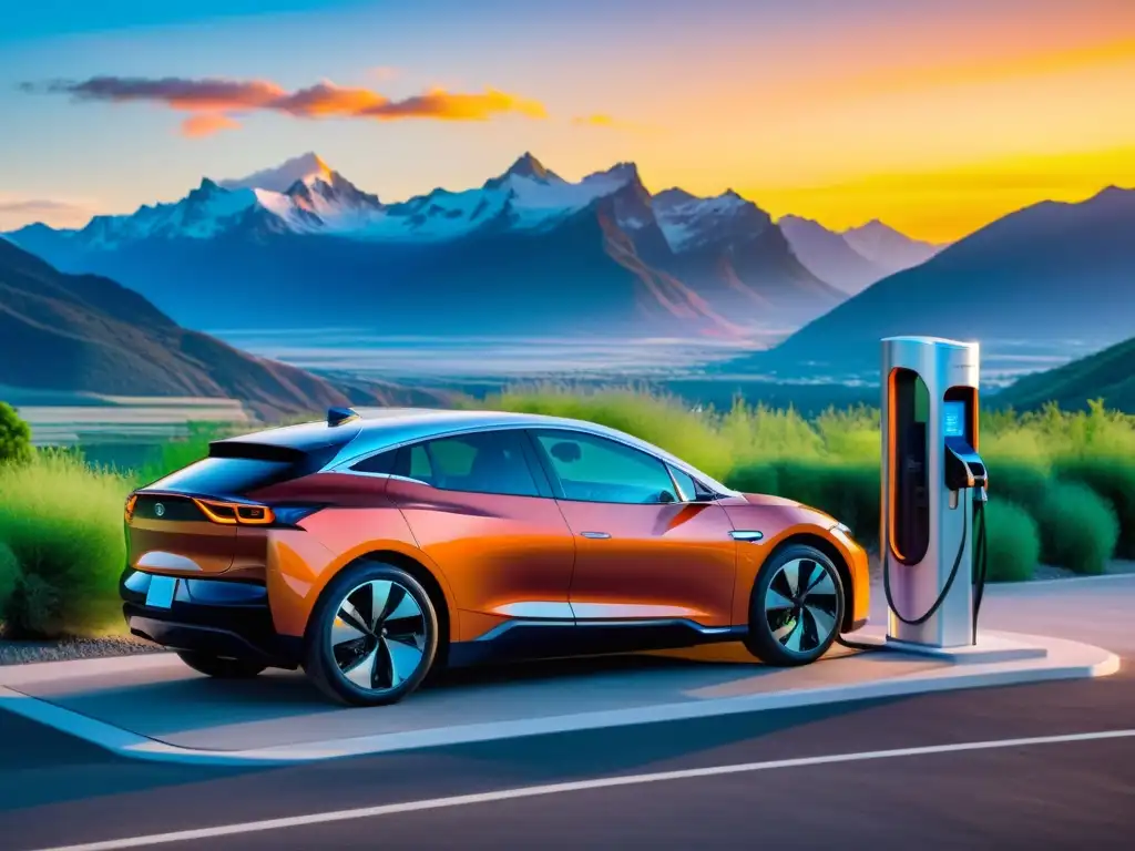 Turismo con vehículos eléctricos innovadores: Vehículo eléctrico moderno cargando en una estación futurista con vista a la montaña al atardecer