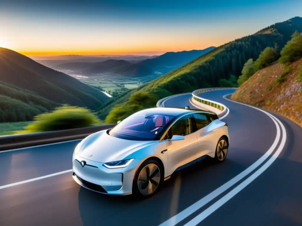 Turismo con vehículos eléctricos innovadores: Un auto eléctrico recorre una serpenteante carretera de montaña al atardecer, iluminando el paisaje con su diseño futurista y la calidez del sol