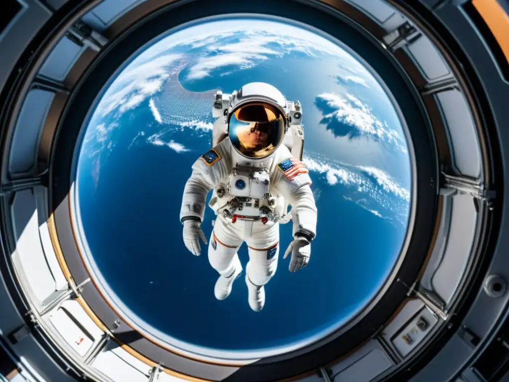 Turista espacial flota en la Estación Espacial Internacional, admirando la Tierra a través de una ventana panorámica