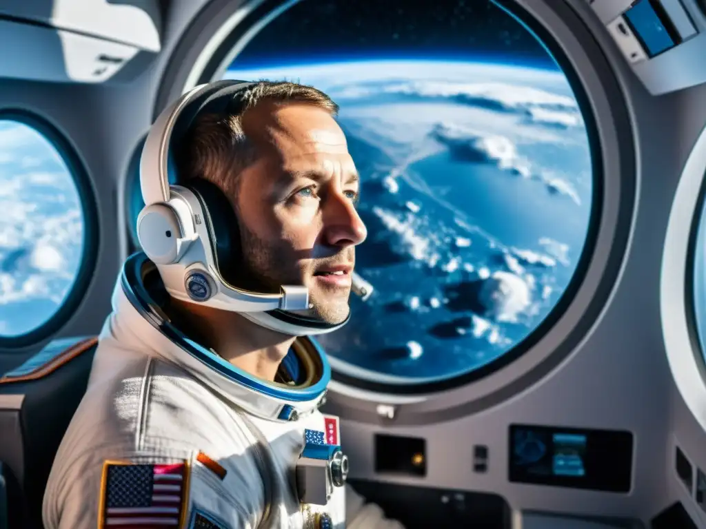 Un turista espacial maravillado contempla la Tierra desde la ventana de la nave, transmitiendo la emoción de Turismo espacial destinos accesibles