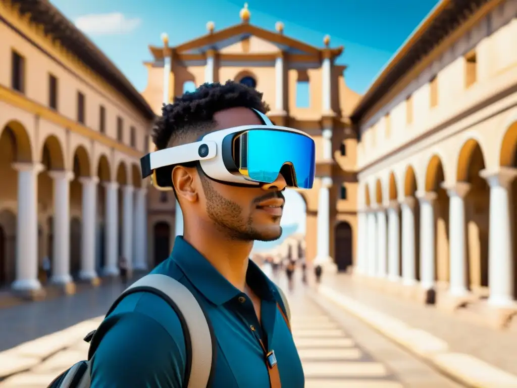 Un turista maravillado explora una ciudad histórica con gafas de realidad aumentada para turismo, fusionando lo antiguo con lo moderno