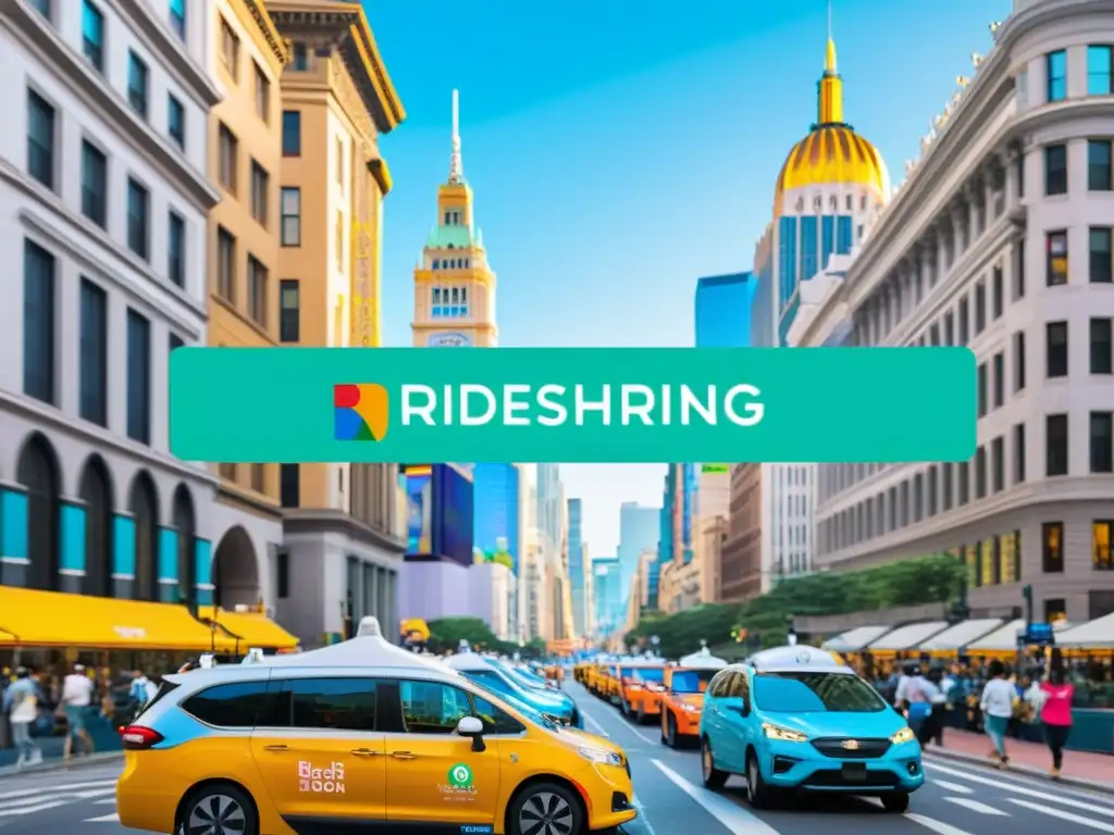 Turistas disfrutan de la ciudad en autos de Ride Sharing turismo inteligente, con paisajes urbanos y vehículos coloridos