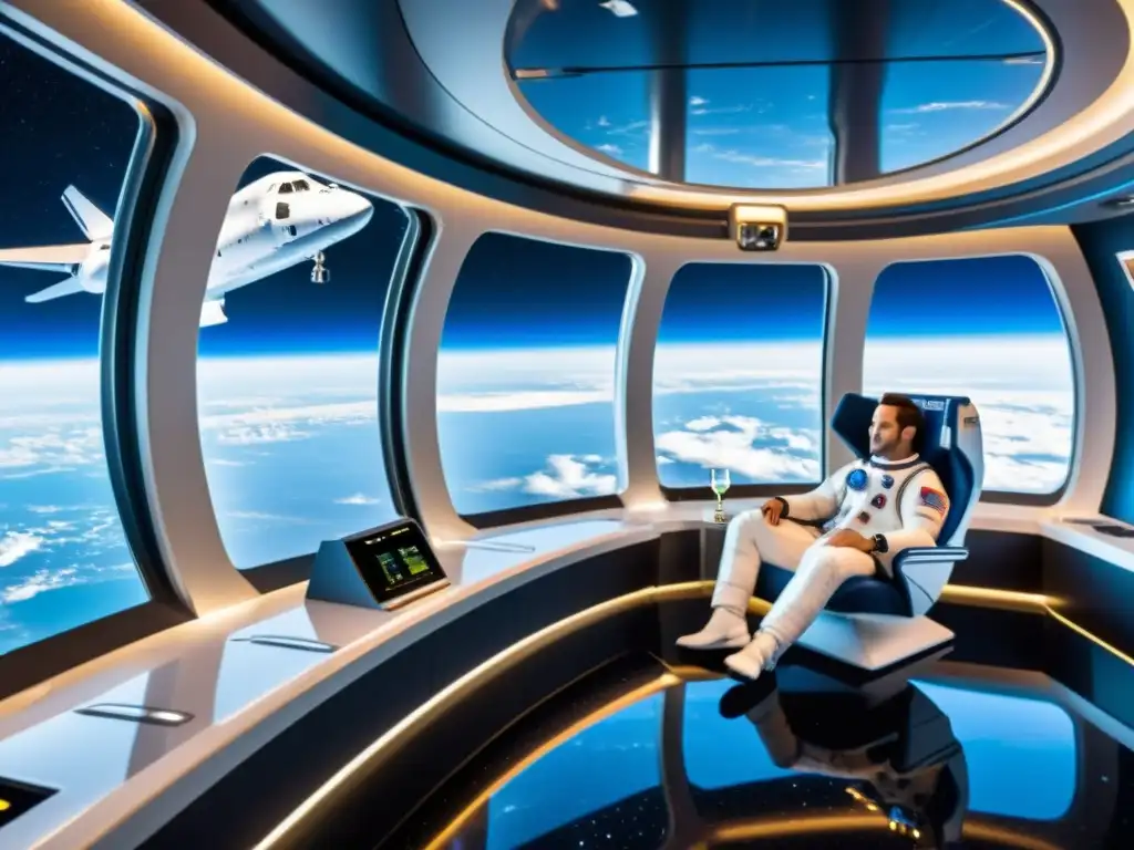 Turistas espaciales de lujo disfrutan de la vista de la Tierra desde una estación espacial de vanguardia, en un ambiente opulento y futurista