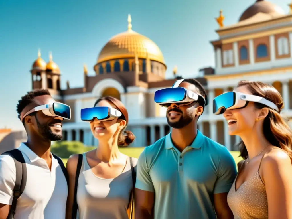 Turistas con gafas de realidad aumentada maravillados frente a un monumento histórico, fusionando pasado y futuro