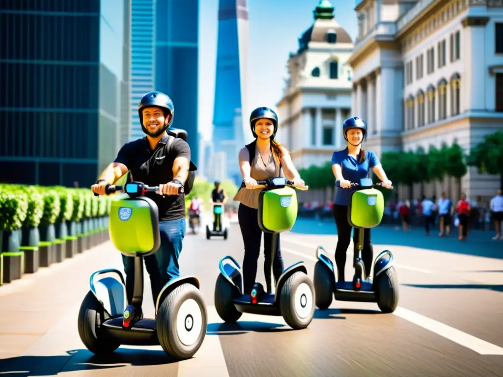 Turistas recorriendo en Segway una ciudad vibrante, reflejando la emoción de explorar ciudades ideales para recorrer en Segway