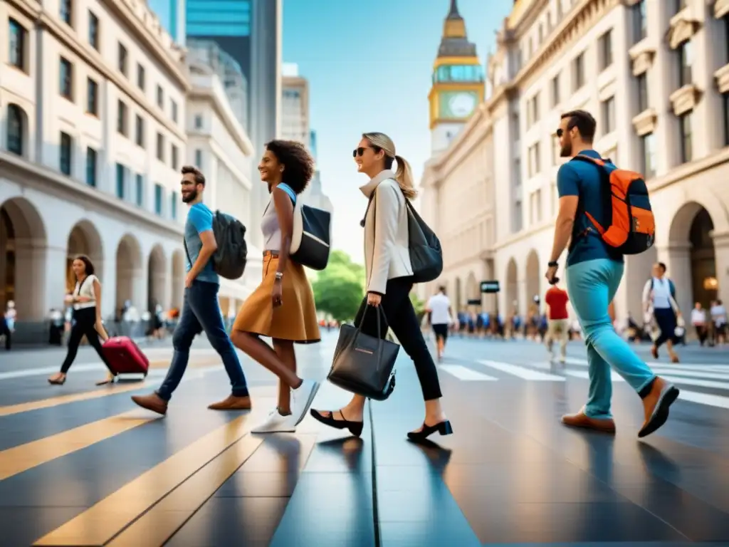 Turistas urbanos lucen zapatos wearables en bulliciosa calle de la ciudad, demostrando su comodidad y practicidad