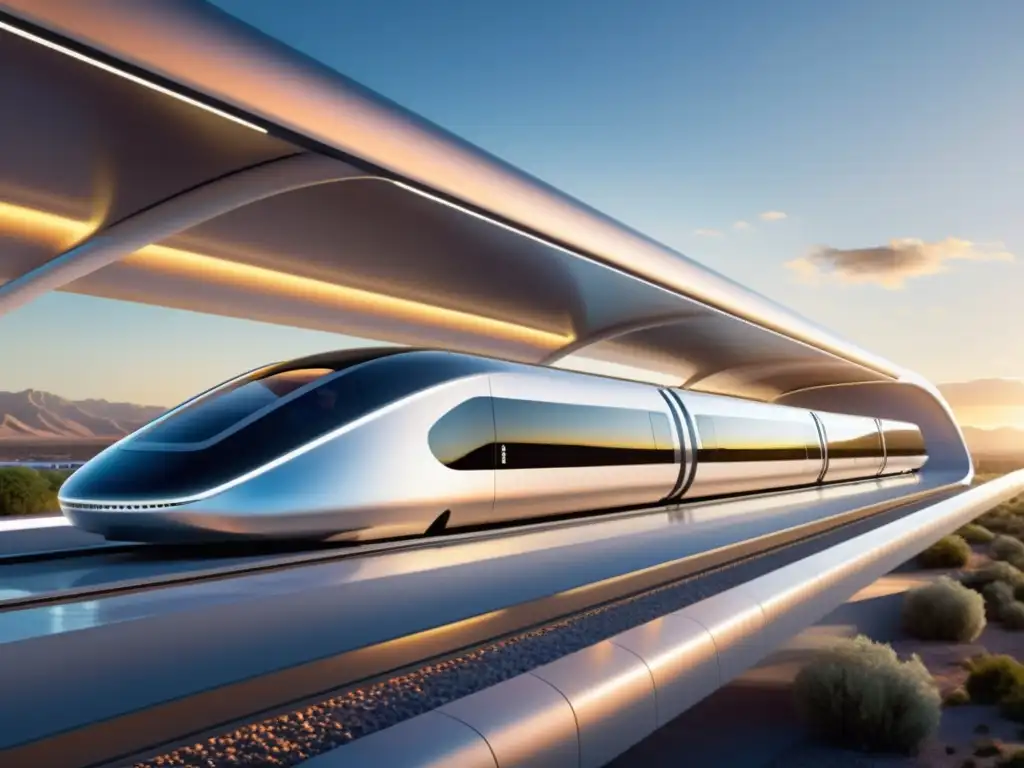 Estación de Hyperloop tecnología única: Futurista estación concurrida, paisaje reflejado en fachada metálica, pods aerodinámicos y cálido atardecer