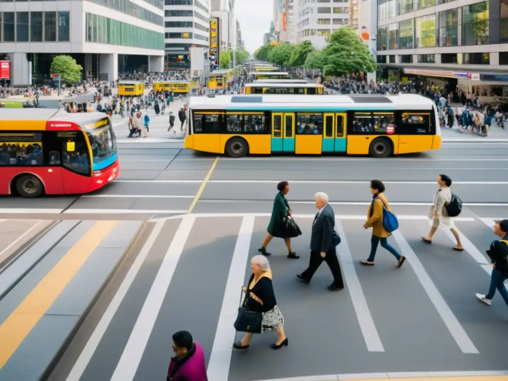 Diseño Universal en Transporte Moderno: Escena urbana inclusiva con transporte público y diversidad de personas