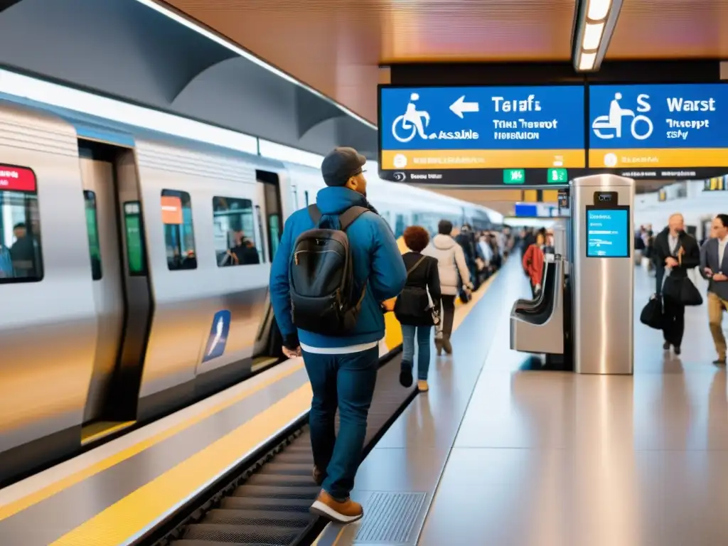 Diseño Universal en Transporte Moderno: Estación de tren con accesibilidad, multitud diversa y moderna señalización