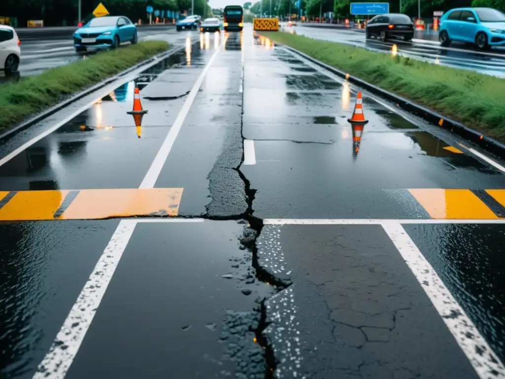 Intersección urbana con baches y señales de tráfico dañadas, reflejando el impacto del cambio climático en la infraestructura de transporte