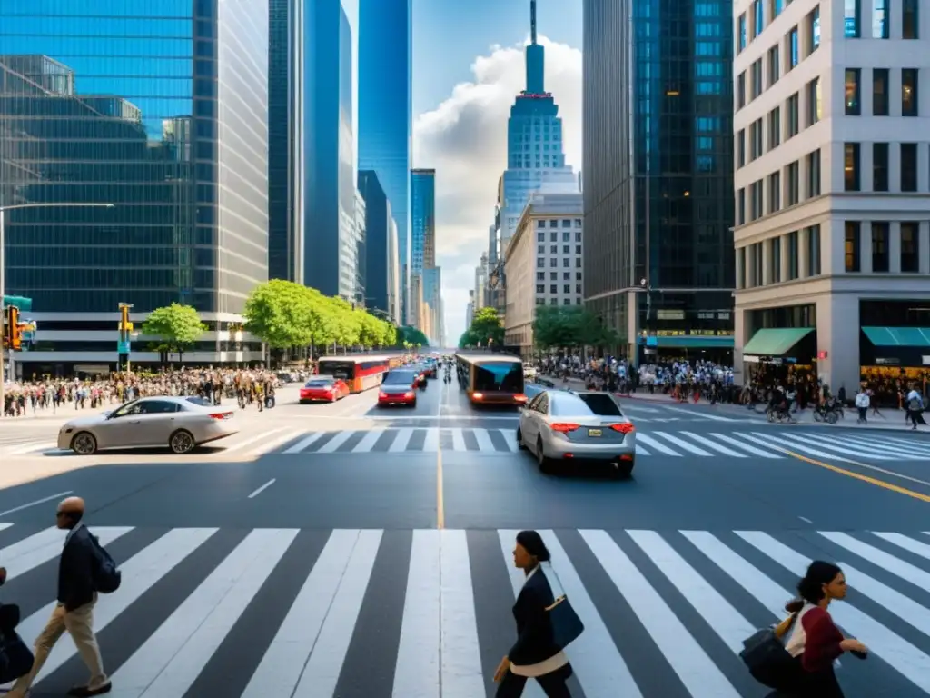 Intersección urbana bulliciosa durante la hora pico, con desafíos actuales en la formación de ingenieros de transporte y complejidad infraestructural