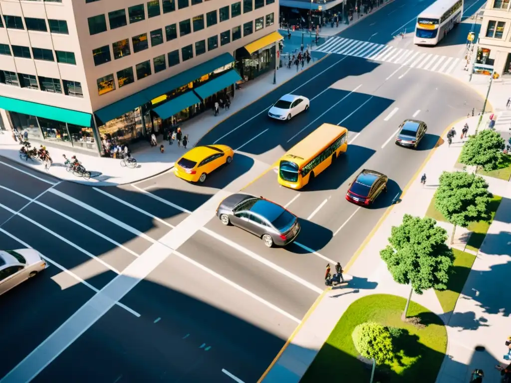 Intersección urbana bulliciosa desde arriba, con varios modos de transporte en movimiento