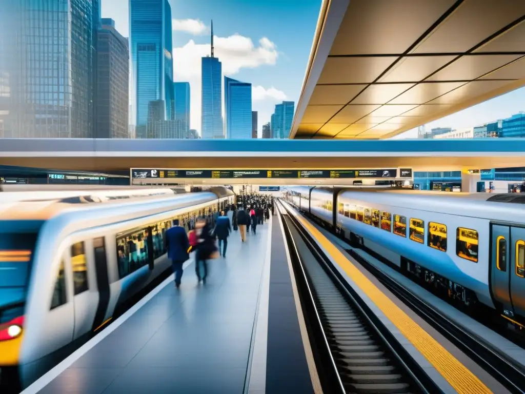 Estación urbana bulliciosa con trenes y rascacielos, reflejando innovación en Estaciones innovadoras para crecimiento urbano