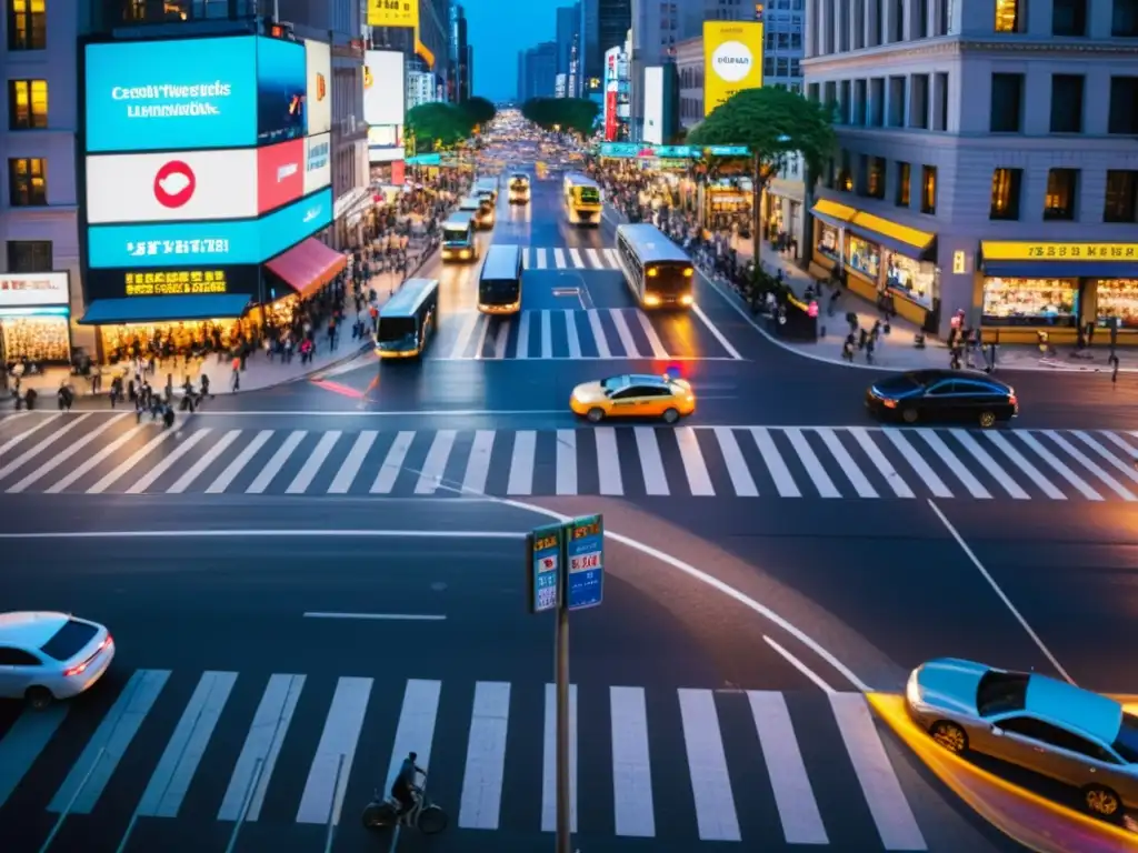 Intersección urbana llena de vida, con tráfico, peatones y luces, mostrando la evolución de los medios de transporte en la vida moderna