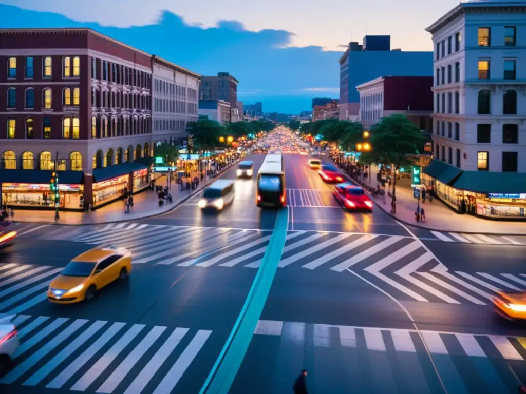 Intersección urbana al anochecer, con luces vibrantes y edificios iluminados, reflejando el impacto positivo de la accesibilidad en la economía local