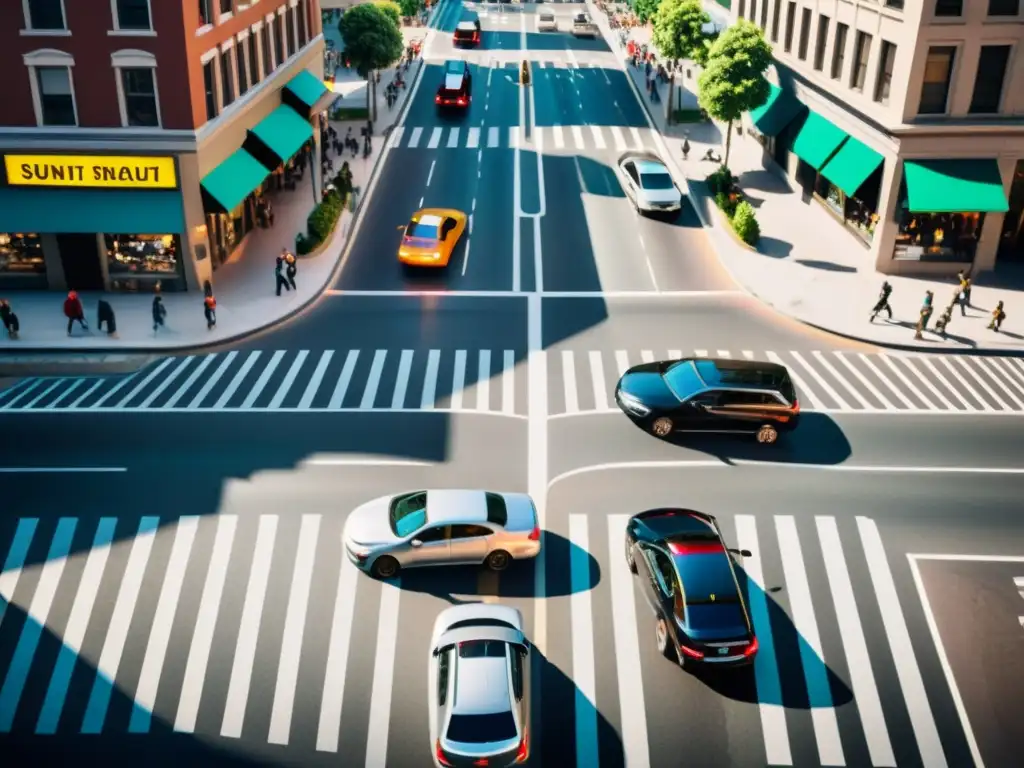 Intersección urbana dinámica: tráfico y peatones en armonía Intersección urbana dinámica con semáforos y tráfico ágil optimizado, reflejando el vibrante paisaje de la ciudad