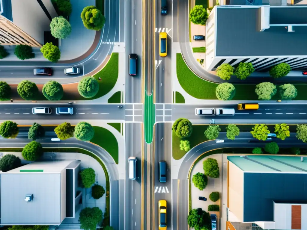 Intersección urbana con tecnologías verdes en transporte seguro: buses eléctricos, carriles para bicicletas y peatones bajo la luz dorada