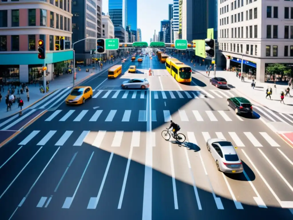 Intersección urbana: tráfico y movimiento en la ciudad Intersección urbana con tráfico ágil y optimización de semáforos para flujo eficiente