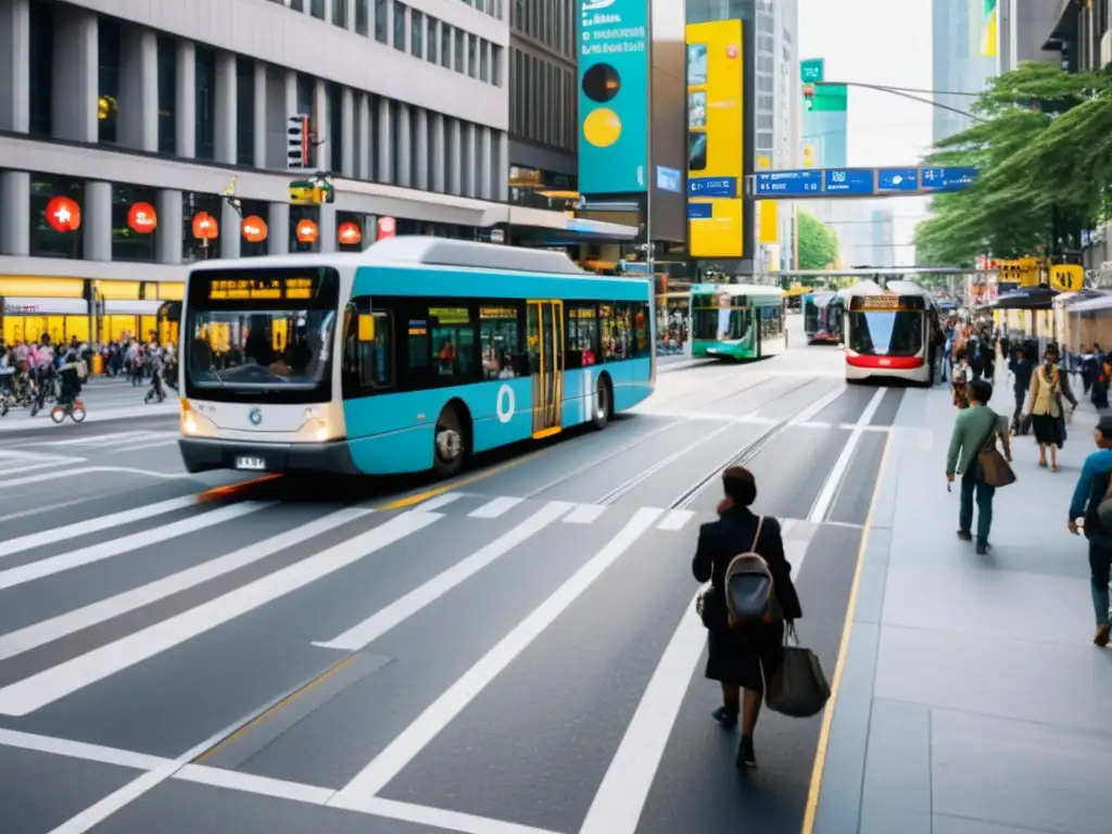 Intersección urbana con variedad de transporte público y peatones, resaltando la personalización del transporte público y la tecnología