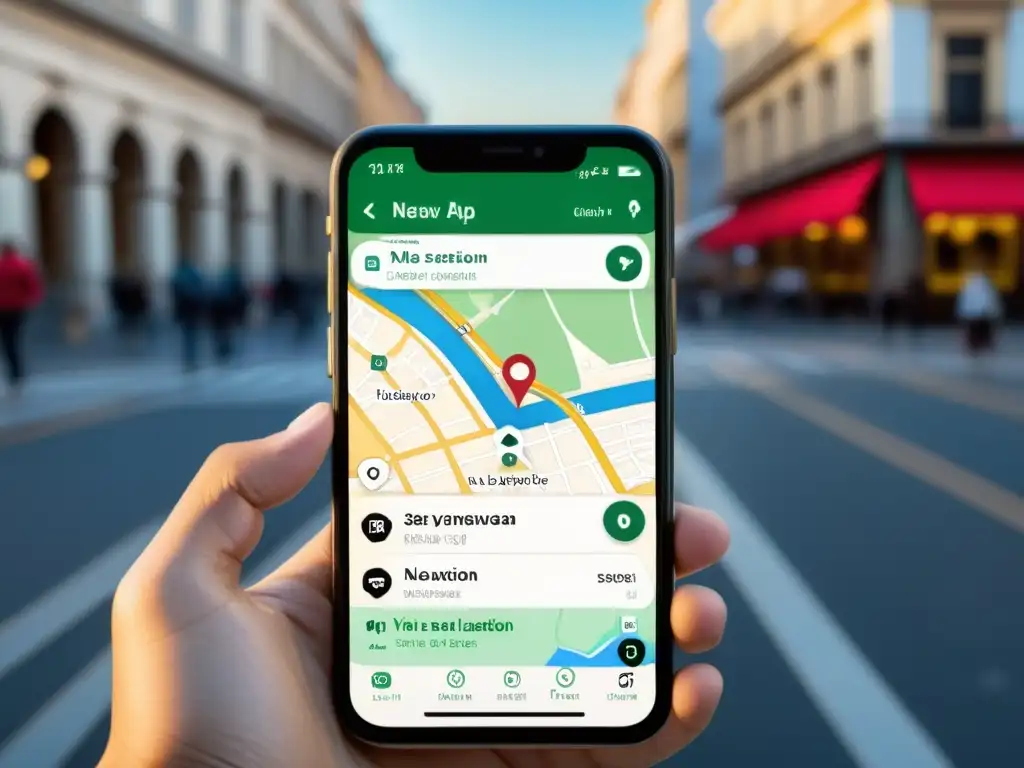 Un usuario usando una app de navegación en su smartphone con la ciudad de fondo