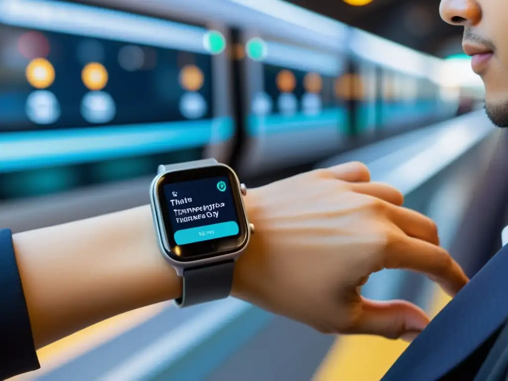 Usuario utilizando control gestual en transporte wearables para interactuar con pantalla digital en entorno de transporte público