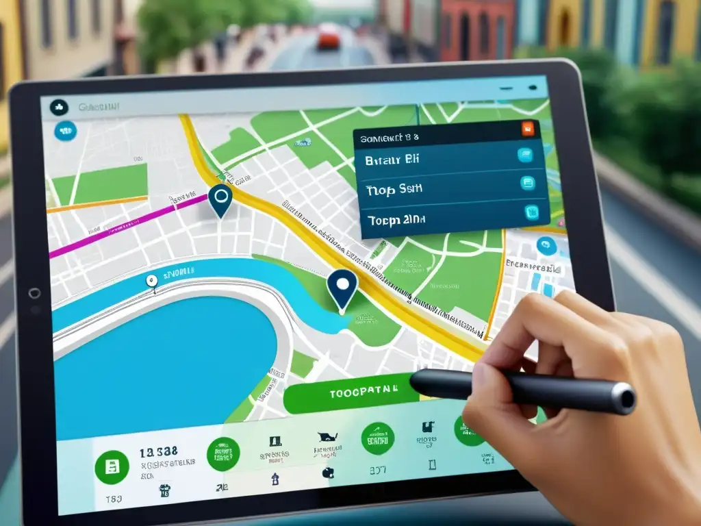 Un usuario interactúa con detalle un mapa digital en una tablet, mostrando topografía, calles y puntos de referencia