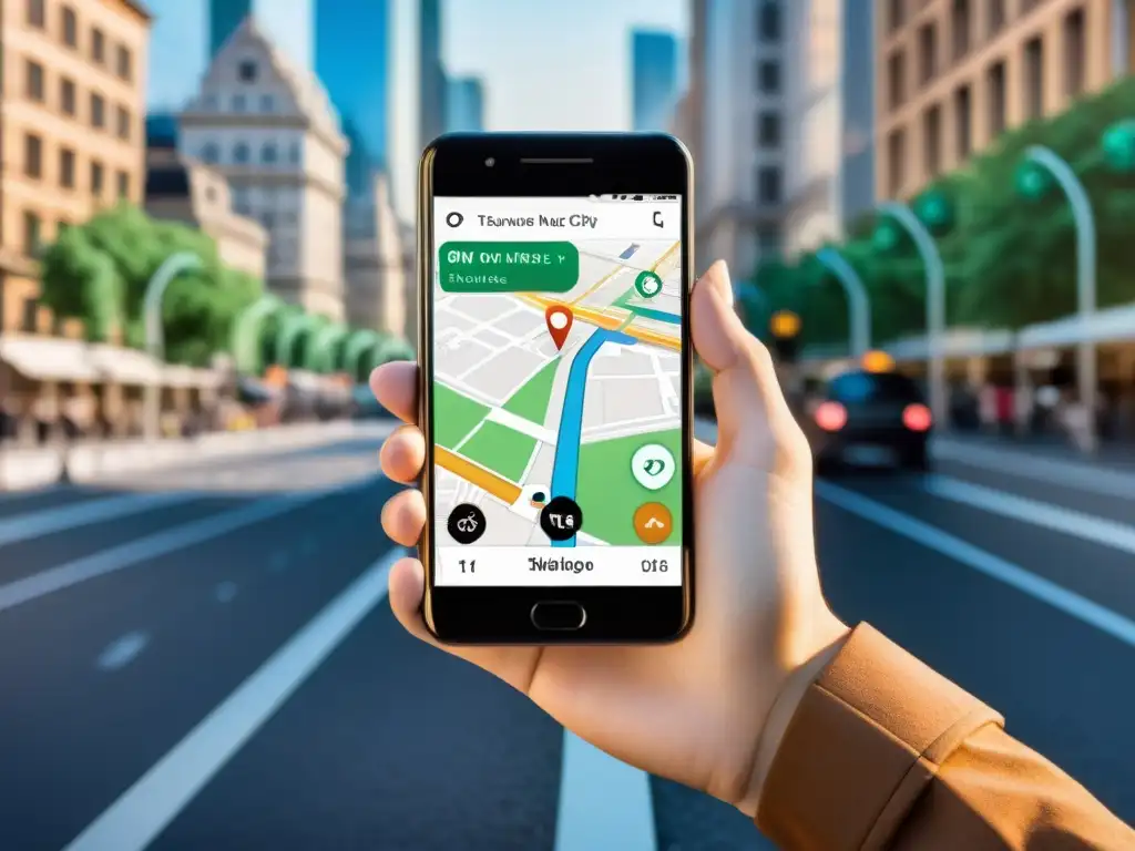Un usuario usando un smartphone con un avanzado sistema de navegación en una ciudad