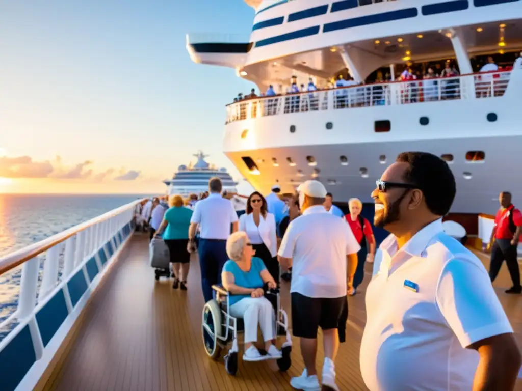 Vacaciones accesibles para todos: Viajeros diversos disfrutan de un crucero inclusivo al atardecer, con asistencia y actividades para todos