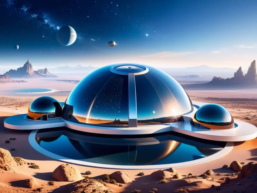 Vacaciones de lujo en un resort espacial futurista con cúpulas transparentes y amenidades exclusivas, rodeado de un paisaje celestial deslumbrante